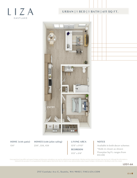 Liza Apartment 3D floor plan - 1x1 615 sqft